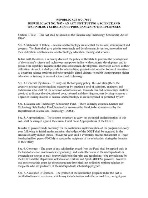 RA 7687: Science and Technology Scholarship Act of 1994.